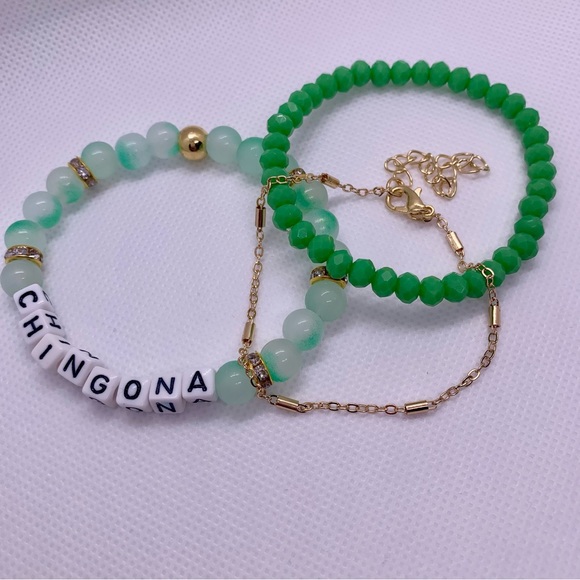 Chingona Green & Gold Beaded Letter Bracelet Set of 3 - Picture 3 of 5